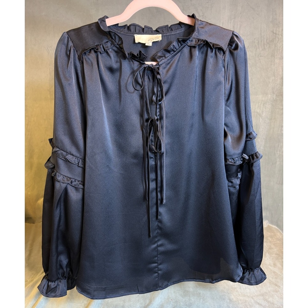 Womens Blue Satin Blouse Top Ruffle Tie Neck Long Pirate Sleeves Victorian L